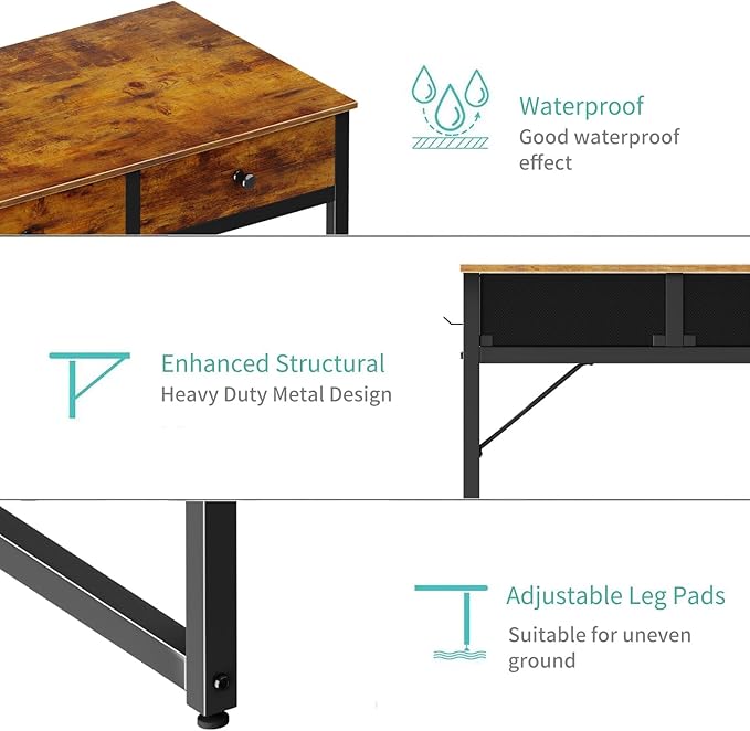 Lufeiya Small Computer Desk with 2 Drawers for Bedroom, 31 Inch Home Office Desk with Storage Fabric Drawer and Bag, Study Writing Table for Small Spaces, Rustic Brown