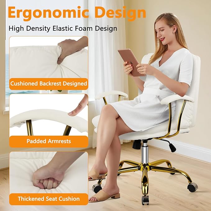 Leather Home Office Desk Chair, Mid-Back Vanity Chair Make Up Chair with Gold Wheels and Armrests, Rolling Swivel Computer Task Chair for Office Bedroom Living Room Girls Women, White, 8 Pack