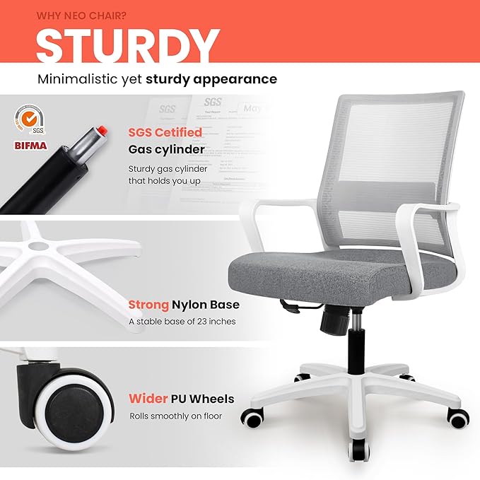 NEO CHAIR Office Chair Gaming Desk Computer Chair Ergonomic Mesh Mid Back with Wheels Lumbar Support Comfy Swivel Adjustable for Home (Grey)