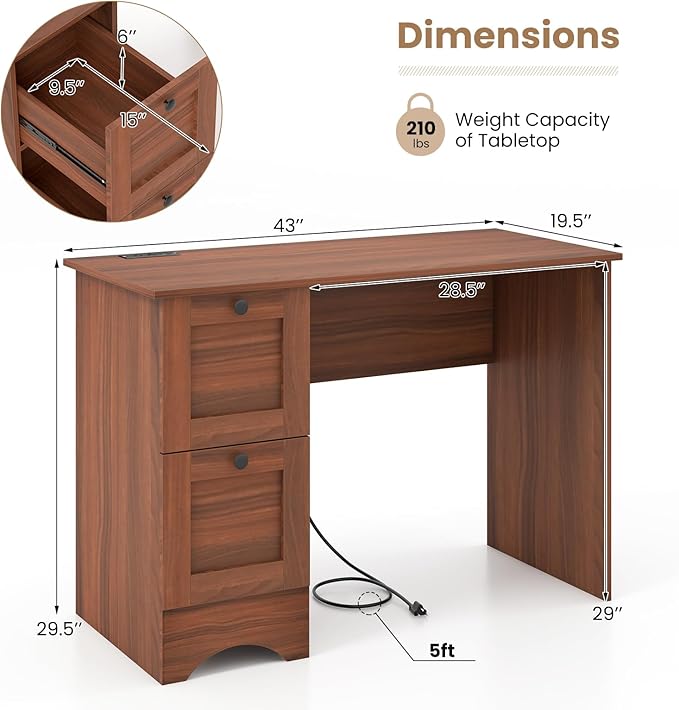 Tangkula Computer Desk with Drawers & Charging Station, Wooden Home Office Desk PC Laptop Notebook Desk, Compact Study Desk Writing Desk, Computer Workstation Ideal for Home & Office