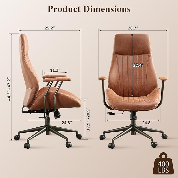 Mid Century Modren Office Chair - Fuax Leather Suede Brown Executive Chairs Ergonomic Mid Back with Lumbar Support, Swivel Computer Desk Task Chair with Wheels for Home Office (Brown, Hign Back)