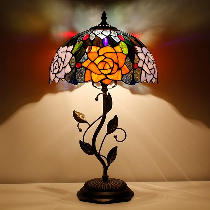 Tiffany Lamp Orange Red Rose Flower Stained Glass Table Lamp Desk Bedside Reading Light 12X12X19 Inches with Metal Leaf Base Decor Bedroom Living Room