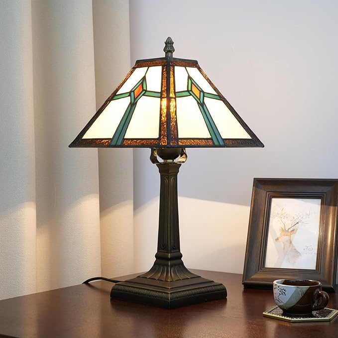 Tiffany Style Table Lamp Mission Design Stained Glass Lamp Vintage Handmade Nightstand Lamp with LED Bulbs Included for Home Living Room Bedroom Office