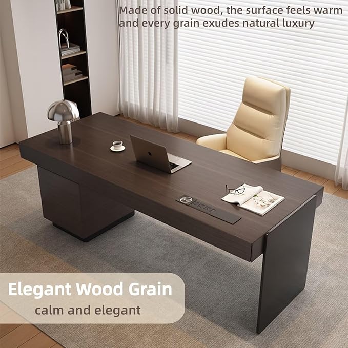 Modern Executive Desk with Drawers 55.11IN(Storage Base)(Wooden Texture) Home Office Desks Include Multi-Function Socket,Large Desktop