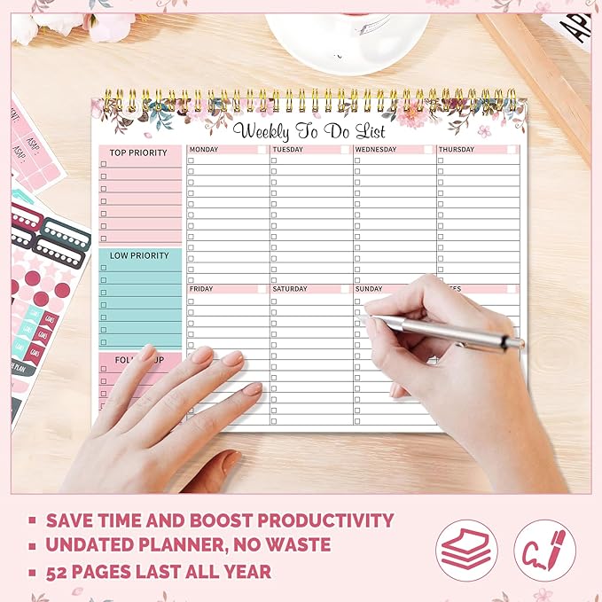 Weekly To Do List Notepad with 52 Undated Sheets, 8.5"×11" Week Desk Planner Undated Weekly Planner with Spiral Bound for Women & Man Home School and Work, Pink
