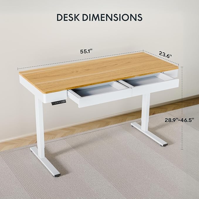 SANODESK Electric Standing Desk with 2 Drawers, 55 x 24 inch Height Adjustable Computer Desk, Home Office Stand Up Desk with 4 Preset Heights, Maple