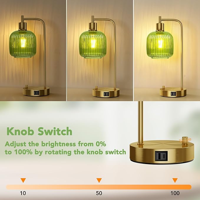 QiMH Industrial Table Lamp for Bedroom Set of 2, Green Glass Beside Lamp with USB A&C Ports, Stepless Dimmable Gold Lamps, Nightstand Lamps for Living Room, Office, Home Decor(Bulb Included)