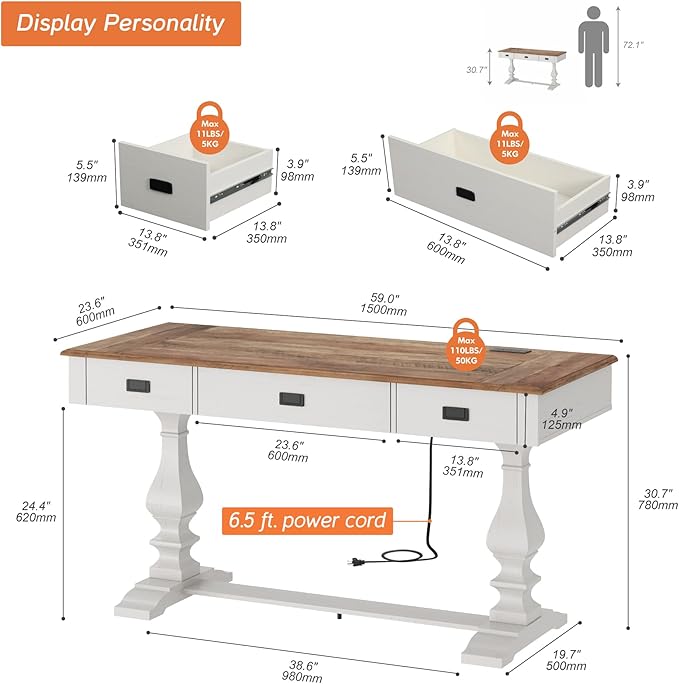 WAMPAT 60-inch Vintage Wood Home Office Desk with Stable Solid Wood Pedestral Legs, Tradional Rustic Writing Table Executive Desk with Deep Drawers and Power Outlets for Office,Study,Antique White
