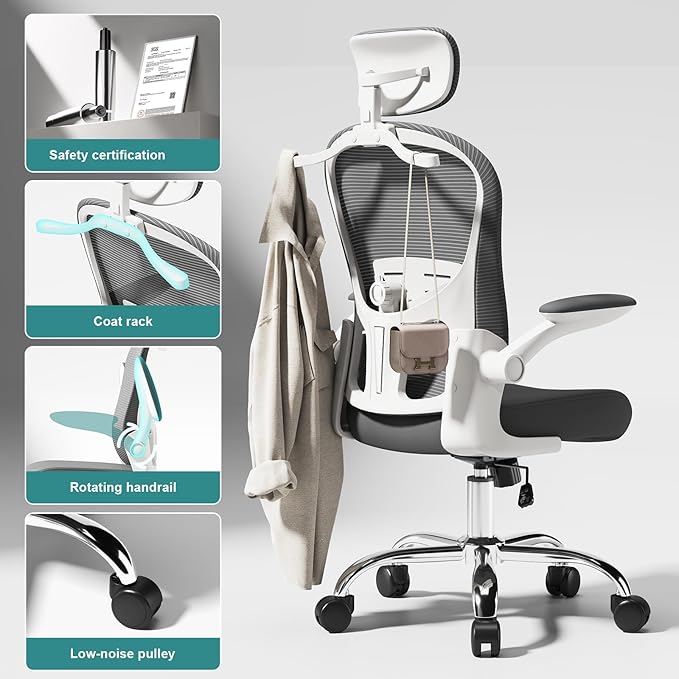 TLLMOON-6066 All-Around Fine-Tuned Comfort Chair. Liftable seat, 4D Lumbar Support, 2D armrests with headrest, Headrest, Hanging bar. Office, Home, Study(W-Grey)
