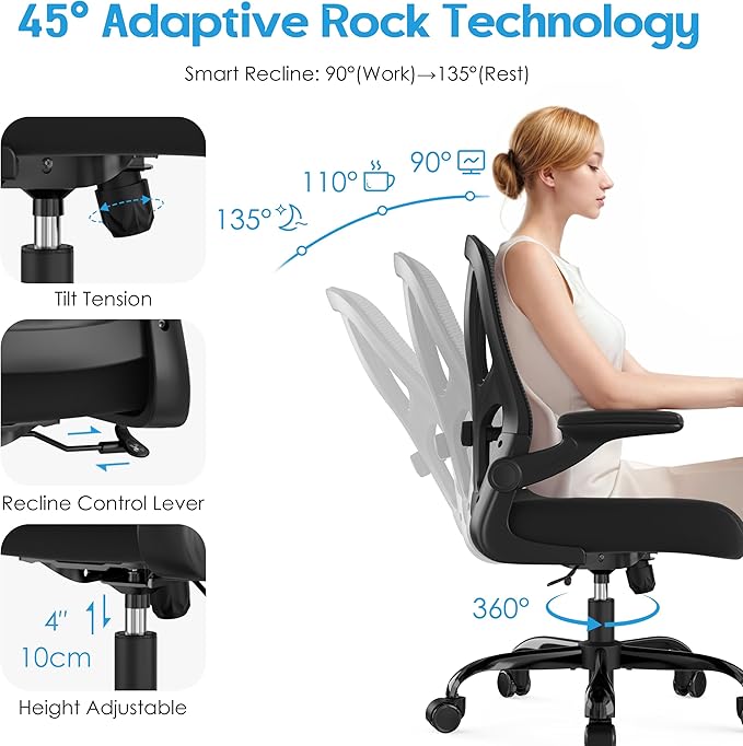 Office Chair Ergonomic Desk Chair - Mesh Computer Chair Breathable Task Chair with Wheels Adjustable Lumbar Support Home Desk Office Chairs with Flip up Armrest Executive Rolling Swivel Black