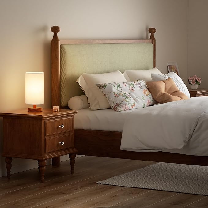 Small Table Lamp for Bedroom - Inline Control, Bedside Lamp with 3000K A15 LED Blub, Easy Assembly (White Shade - Walnut Base, 9" Inline Control)