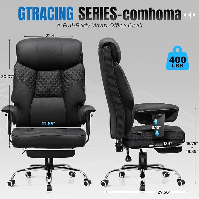 GTRACING Big and Tall Office Chair 400LBS Wide Ergonomic Fabric Deluxe Embossing Designed Gaming Chair with Foot Rest,150°Reclining Adjustable Armrests Pocket Spring Back Support and Pillow