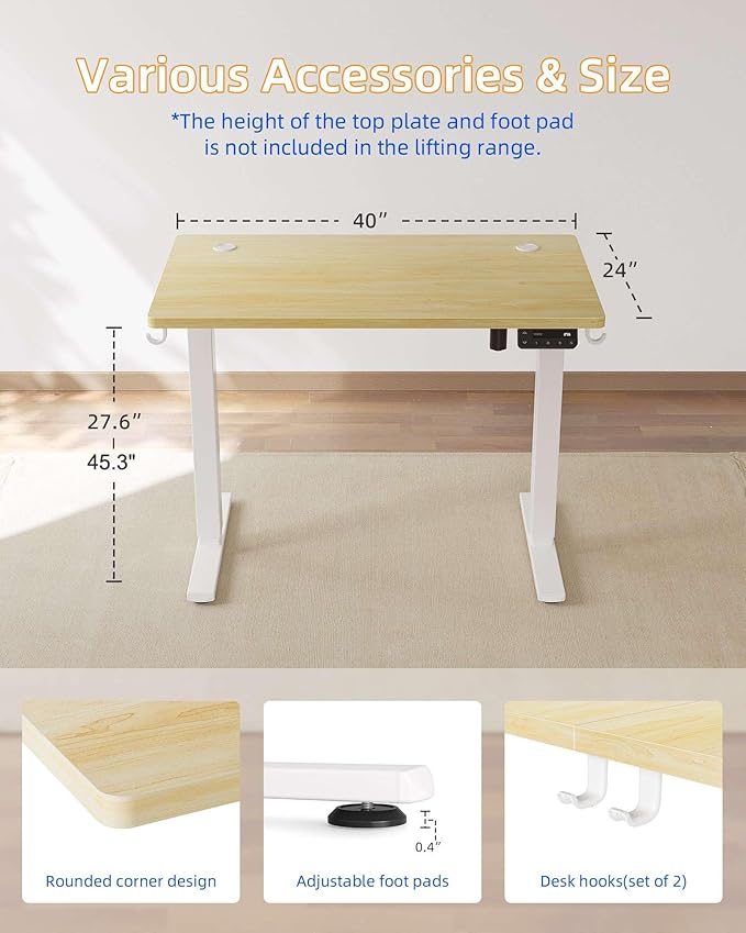 YIHAYO Electric Standing Desk, 40 x 24 Inches Stand Up Desk with Splice Board, Adjustable Height Desk, Computer Desk for Home Office, White Frame/Natural Top