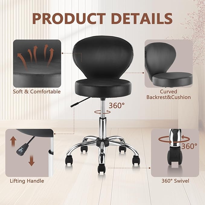 Pu Leather Round Rolling Swivel Salon Stool Chair, with Adjustable Height and Back Support for Office Massage Facial Spa Medical Drafting Tattoo Beauty Barber Black 4PK