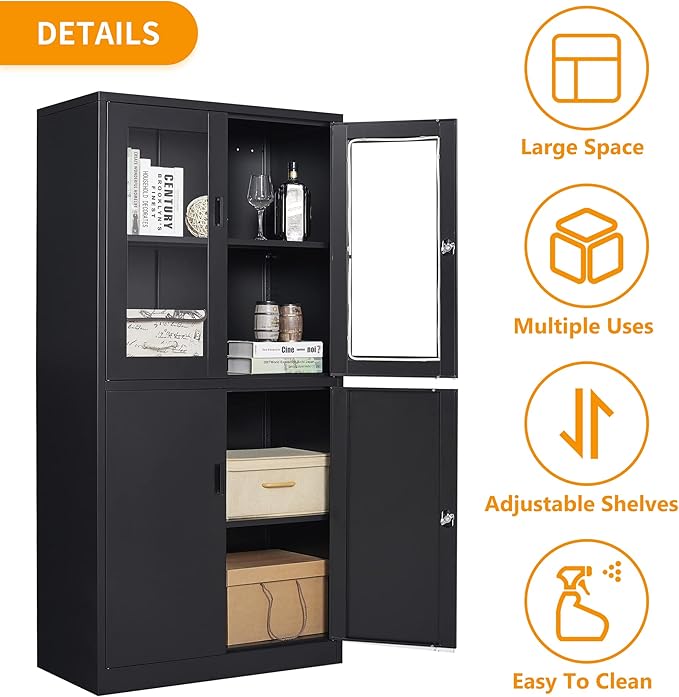 STANI Black Metal Cabinet, Locking Steel Storage with Shelves, Tall Metal Utility Cabinet 2 Doors, Lockable Steel Cabinets for Home Office (4 Doors, Black)