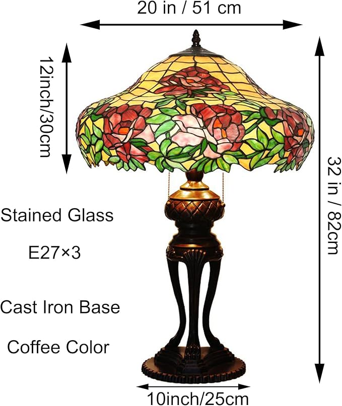 Tiffany Lamp Table Lamp Rose Dragonfly Tulip Wisteria Grape Peach Kapok Peony Apple Flower Design Stained Glass Lampshade Desk Lamp for Girl Living Room Iron Base W20 XH32,Peony