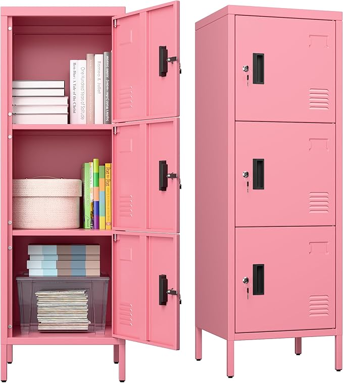 Metal Locker with Ventilation Holes, Metal Storage Cabinet with Lock and Card Slof for Home,School, Office, Gaeage,47.3" H x 15.8" W x 15.8" D,Assembly Required,Pink