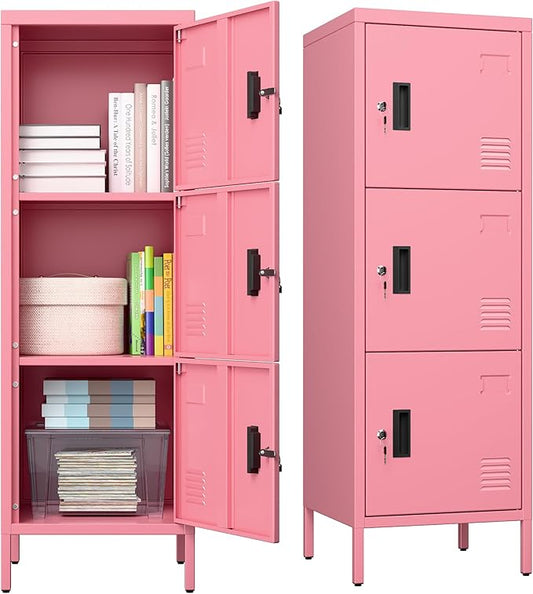 Metal Locker with Ventilation Holes, Metal Storage Cabinet with Lock and Card Slof for Home,School, Office, Gaeage,47.3" H x 15.8" W x 15.8" D,Assembly Required,Pink