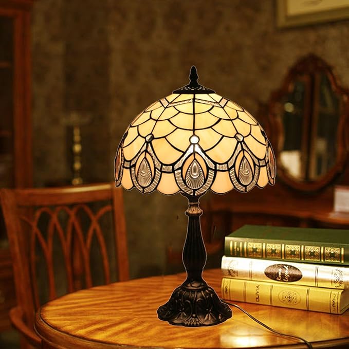Tiffany Style End Side Table Lamps, Modern Bedside Nightstand Stained Glass with Crystal Large Farmhouse Table Lamp for Bedroom,Living Room Home Office Desk Lamp+LED Bulb,12X12X20INCH