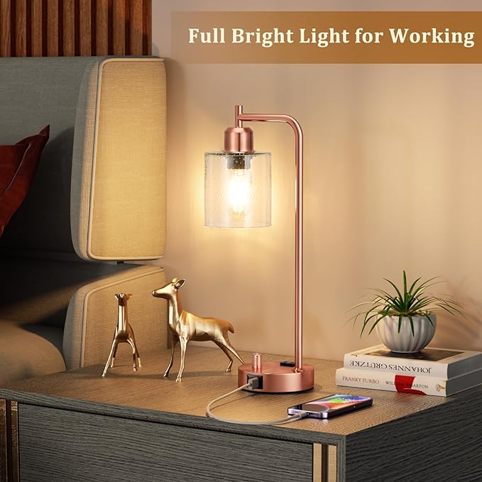 Innqoo Copper Industrial Bedside Table Lamp for Bedroom - Nightstand Lamps with USB C Charging Port, Fully Dimmable Black Ports and Outlets, Small Desk Glass Shade Office Living Room