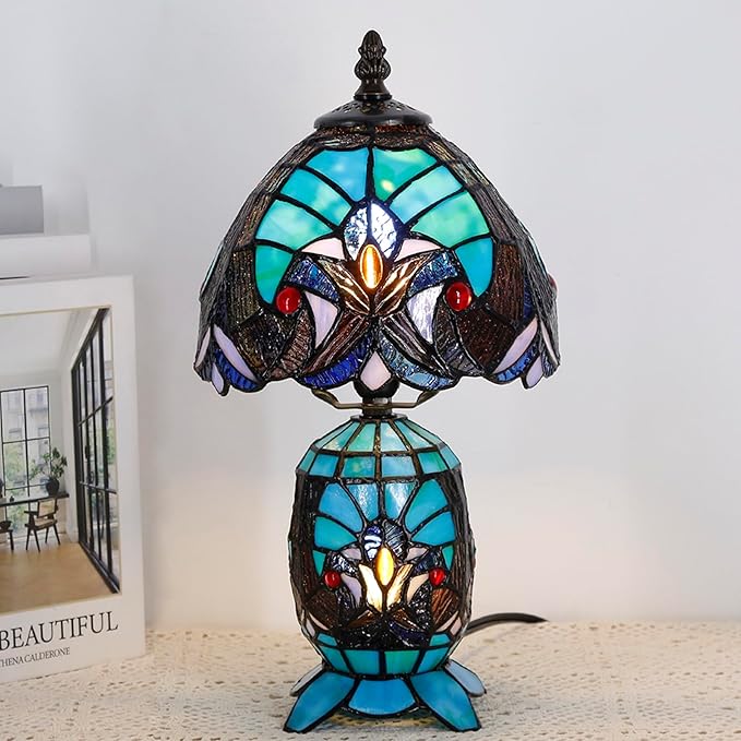 Small Tiffany Lamp Stained Glass Table Lamp Mini Mother Daughter Vase Desk Accent Light for Bedroom Bedside Reading Home Antique Style Decor 8X14 Inches (Green)