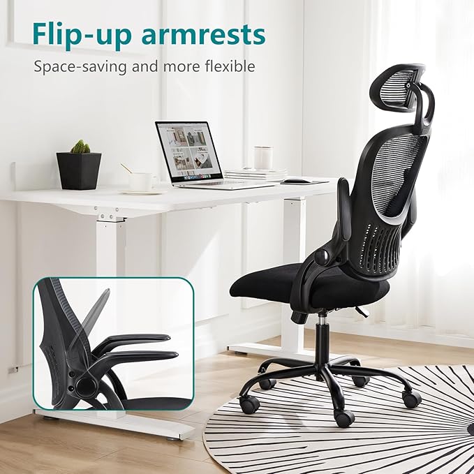 SMUG Office Chair Ergonomic Desk Lumbar Support, Computer Chairs Gaming Mesh with Wheels and Headrests, Flip-up Arm,Adjustable Position for Home, Work, Study, Black
