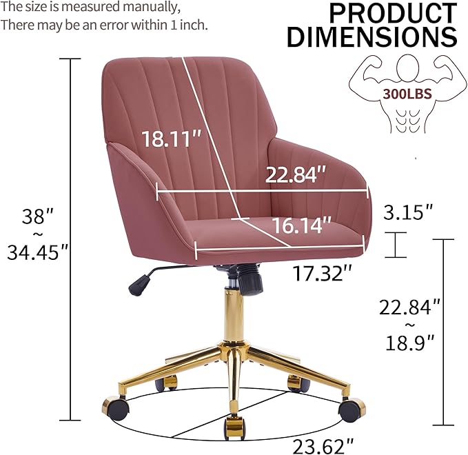 YISHENG Velvet Office Desk Chair with Gold Base, with Wheels,Modern Height Adjustable 360 Degree Swivel Upholstered Vanity Chairs with Arms for Living Room Bedroom,Rose