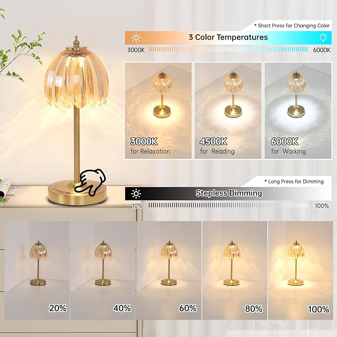 Set of 2 Cordless Table Lamp with 5000mAh Battery & Touch Control - 3 Adjustable Color Temperatures, Dimmable RechargeableTable Lamps for Bedroom, Office Desk, Nightstand (Amber Tulip)