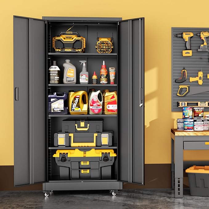 INTERGREAT Metal Storage Cabinet with Wheels, 73" H Rolling Metal Cabinets with Doors and Shelves, Steel Lockable Cabinet on Wheels, Black Office Storage for Home/Garage