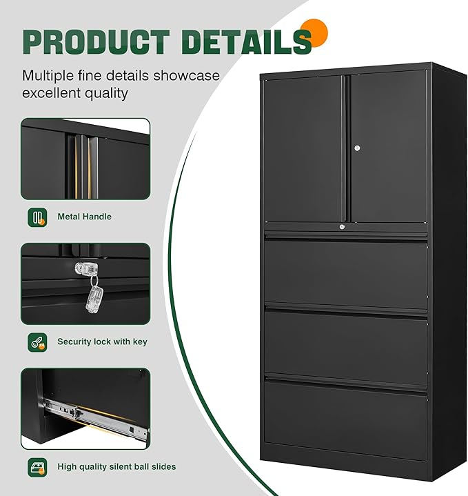 Letaya 3 Drawer Metal Storage Cabinets for Home Office,File Cabinet with Lock and 2 Adjust Shelves-Hang Filing Legal/Letter/A4/F4 Size(Black