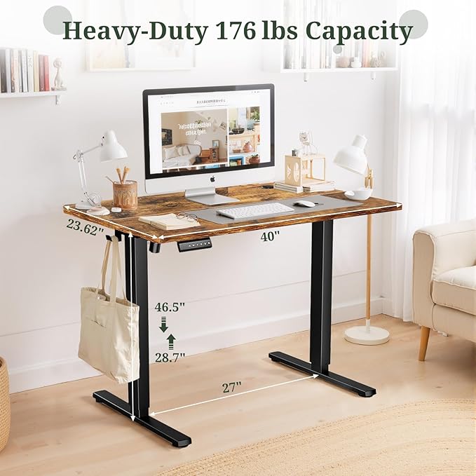 40 x 24 in Electric Standing Desk - Memory Height Adjustable Ergonomic Sit-to-Stand Rising Computer Table Gaming Workstations with 2 Hooks and Wire Hole for Home Office, Brown