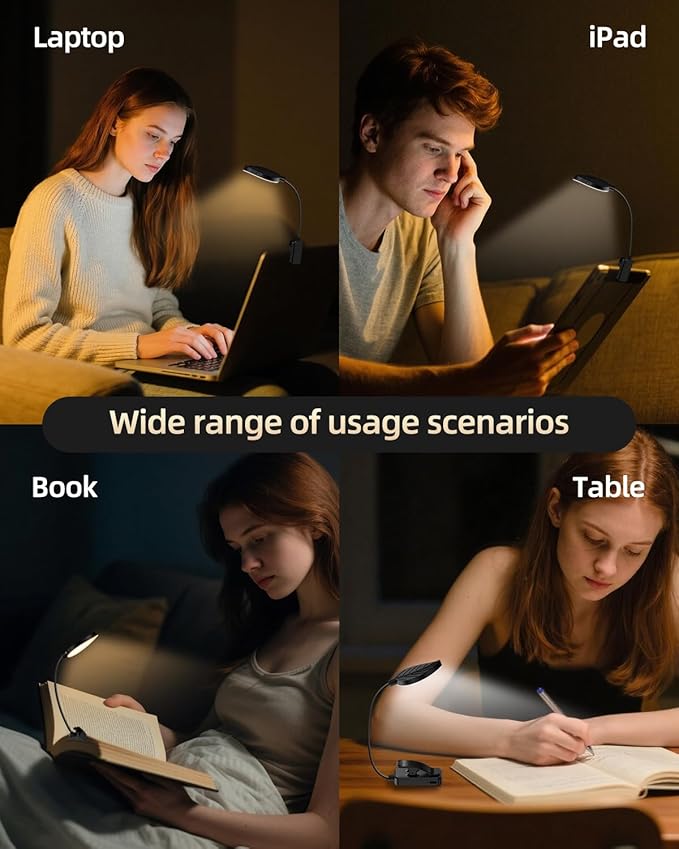 Rechargeable Book Lights for Reading at Night - Eye,3 Color Temperatures,3 Brightness Levels,Flexible Goose Neck Clip on Light,Reading Lights for Books in Bed with Power Indicator Bookworms (Black)