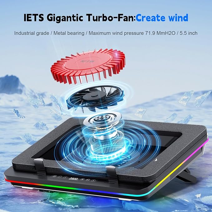 GT600 RGB Laptop Cooling Pad Equipped with Gigantic Turbo-Fan(5.5inch Diameter),Sealed Foam for Rapid Cooling Gaming Laptop,14.1-19.3 inch Laptop Cooler with 3-Port USB Hub,Dust Filter