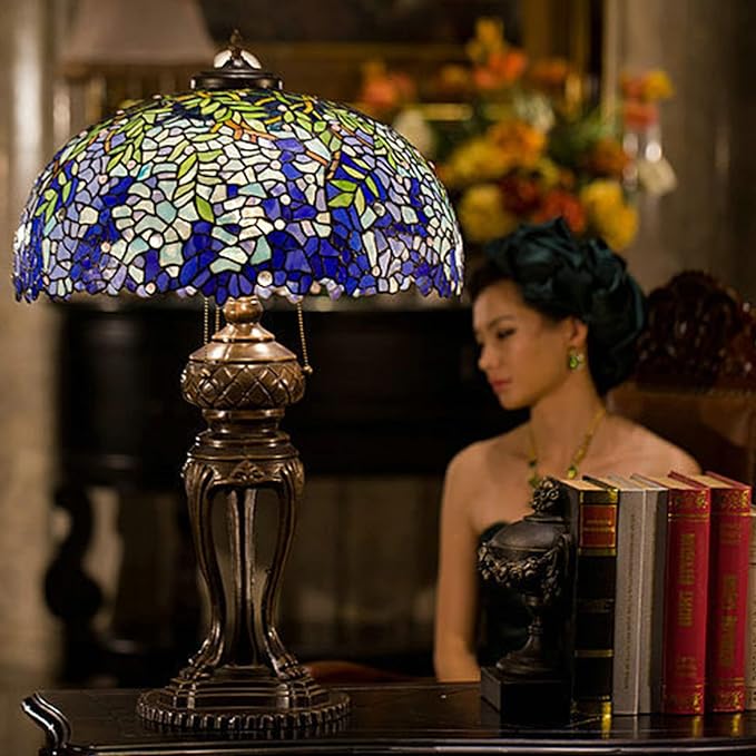 Tiffany Lamp Table Lamp Rose Dragonfly Tulip Wisteria Grape Peach Kapok Peony Apple Flower Design Stained Glass Lampshade Desk Lamp for Girl Living Room Iron Base W20 XH32,Wisteria