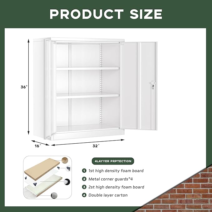 Greenvelly Metal Cabinet, 36" Locking Storage File Cabinet with Doors and Shelves for Office,Home,Gym,School,Kitchen(White)
