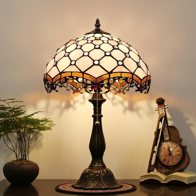 Tiffany Lamp Stained Glass Table Lamp Bedside Table Reading Lamp Living Room Night Light 12-inch Pink Pearl Style Suitable for Home and Office Desktops