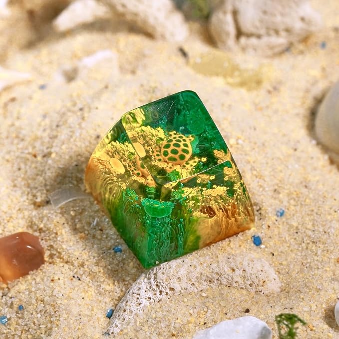 Sea Turtle Artisan Keycap Green and Yellow Coral Reef R1 SA Profile Custom Sea Creatures Keycaps 1U ESC Handmade Gaming Resin Key Cap Cherry MX Switch Compatible Mechanical Keyboard Turtle Lover Gift
