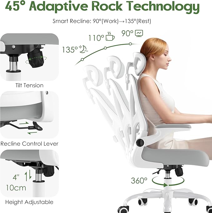Office Chair Ergonomic Desk Chair - Mesh High Back Office Chair with Headrest Wheels Lumbar Support Home Desk Office Chairs Flip up Armrest Executive Rolling Swivel Task Computer Chair White