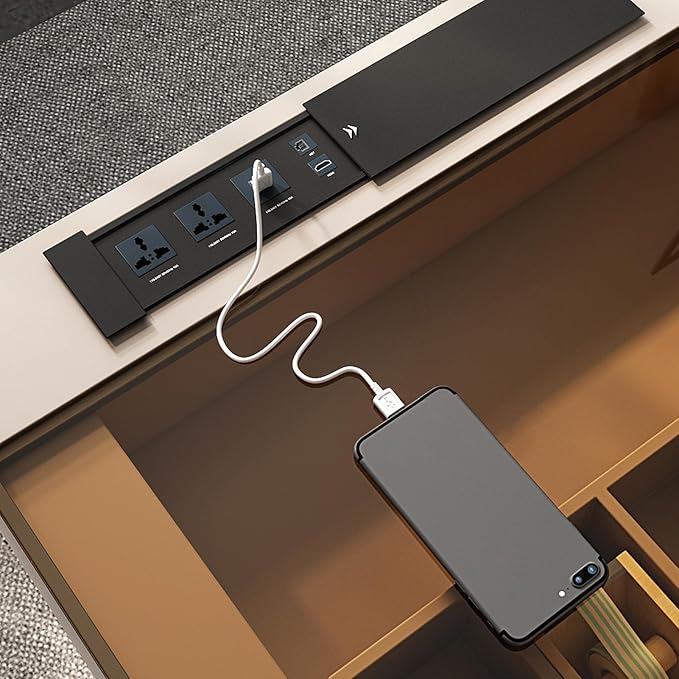 Lartis Office Desk, Very Easy to Assemble, Computer Desk, Home Telescopic Writing Desk, Modern Computer Desk with Retractable Cabinet Built-in LED Lights (Pale Pink, 47 in)