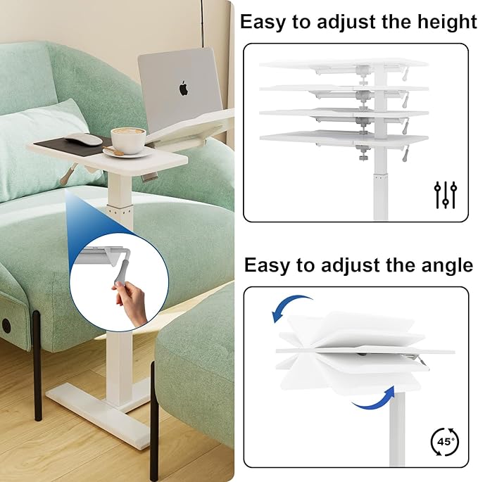 PUNCIA Height Adjustable Overbed Table with Pneumatic Lift and Wheels Split Top Tilting Tray and Rolling Laptop Desk – Bedside Cart for Reading Computer Work Study in Bedroom and Home Office