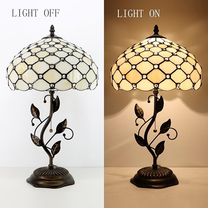 Tiffany Table Lamp, Stained Glass Style Desk Lamp, 12X12X19 Inch,Bedside Reading Light, Metal Leaf Base (Cream Bead Style)