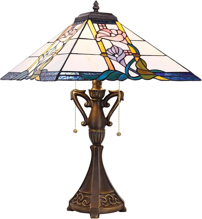 Tiffany Table Lamp Stained Glass Square Pink Flower Mission Style Desk Reading Light 16X16X24 Inch for Bedroom Living Room Home Office