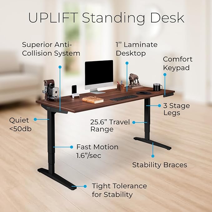 UPLIFTDESK V2 2-Leg Laminate White Standing Desk – Adjustable Height, Advanced 1-Touch Memory Keypad, Under Desk Cable Management, Wire Grommets & Rocker Board (Black C-Frame, 72 x 30 inch)