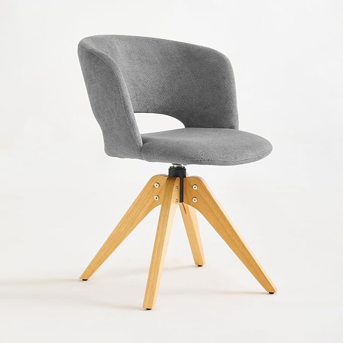 Mid Century Modern Swivel Accent Chair with Solid Wood Legs, Home Office Desk Chair No Wheels, Makeup Chair for Vanity, Upholstered Chair for Bedroom, Grey