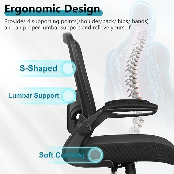 FelixKing Office Chair, Ergonomic Desk Chair Breathable Mesh Chairs Adjustable High Back Lumbar Support Flip-up Armrests, Executive Rolling Swivel Comfy Computer Chairs Home Office Black