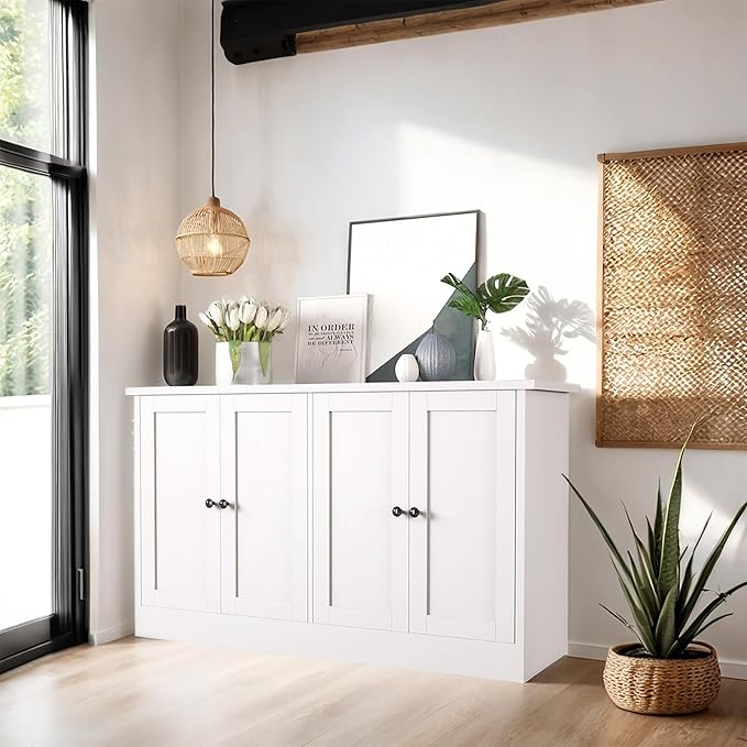 White Buffet Storage Cabinet with 4 Door, 49" W Coffee Bar Cabinet, Kitchen Buffet Sideboard for Living Room, Kitchen