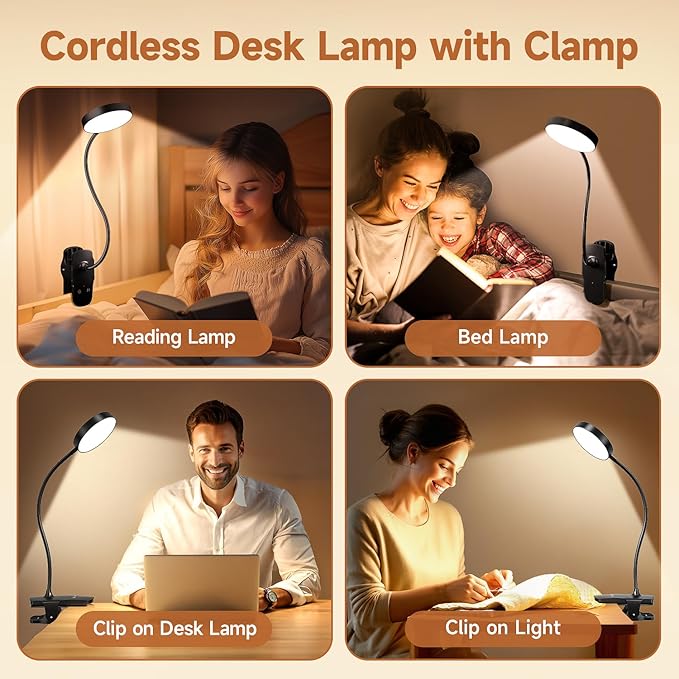 Mubarek Clip on Lamp,5 Brightness+5 Color Clip on Light,200LM 36 LED Reading Lights for Books in Bed,1800mAh Battery Powered Lamp Battery Operated Lights,Rechargeable Desk Lamp with Clamp Light