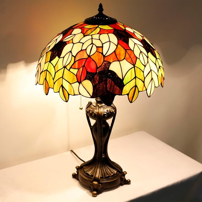 Tiffany Stained Glass Table Lamp 16X16X24 Inch Maple Leaf Style Desk Bedroom Living Room Antique Reading Light (Maple Leaf)