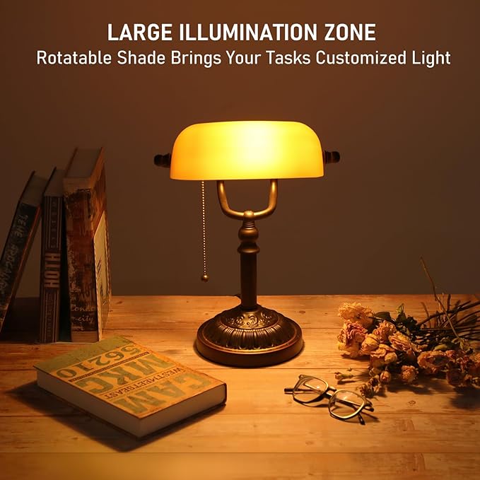 TORCHSTAR Bankers Desk Lamp with Pull Chain Switch, Amber Glass Shade Desk Lamps, Bronze Base, UL Listed, E26 Base, Vintage Library Lamp for Office, Study Room(Matted Orange)