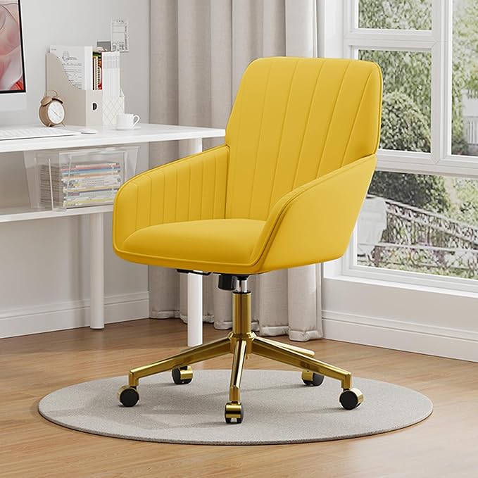 YISHENG Velvet Office Desk Chair with Gold Base, with Wheels,Modern Height Adjustable 360 Degree Swivel Upholstered Vanity Chairs with Arms for Living Room Bedroom.Yellow